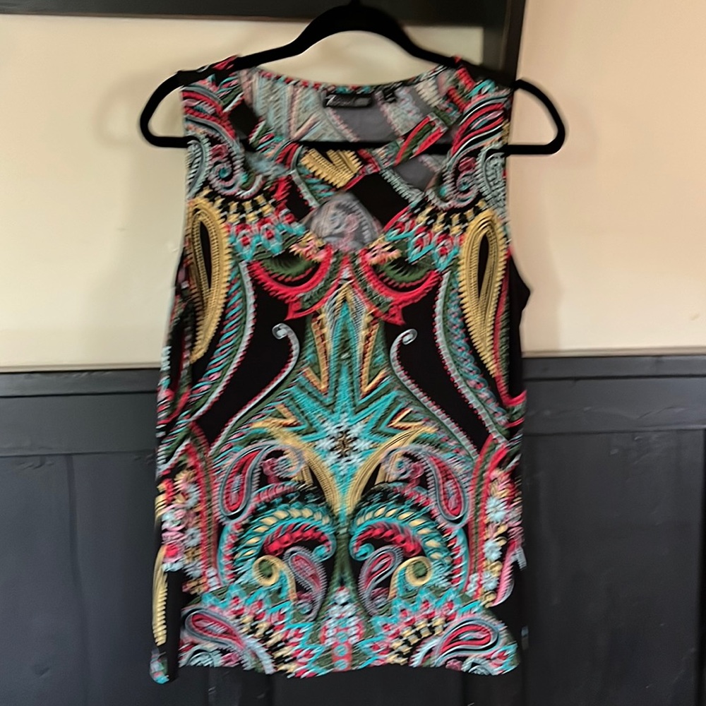 7th Ave design studio NY&CO M cross cross top boho paisley EUC black teal red